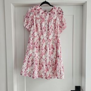 Greylin Pink Floral Eyelet Puff Sleeve Tiered Midi Dress Romantic Cottagecore L